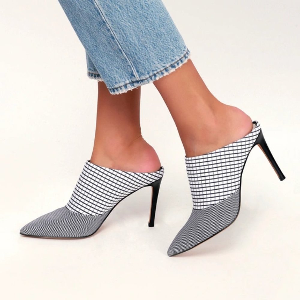 Dolce Vita Cinda Grid Print Point Toe Stiletto Mules Women Size 7.5 Black White